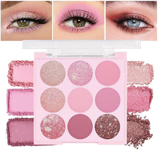9Colors Eyeshadow Palette, Pink Eye Enhancers Magic EyeShadow Palette, Glitter Shimmer Sparkly Eye Shadow Makeup, Velvety Pigmented Creamy Long Lasting Waterproof Naturing-Looking Women Girls