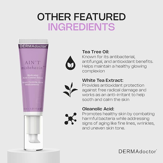 DERMAdoctor Ain't Misbehavin' Dermatologist Formulated Salicylic Acid Acne Control Serum, Acne Spot Treatment for Blemish Control and Cystic Acne breakouts with Tea Tree - 1 oz