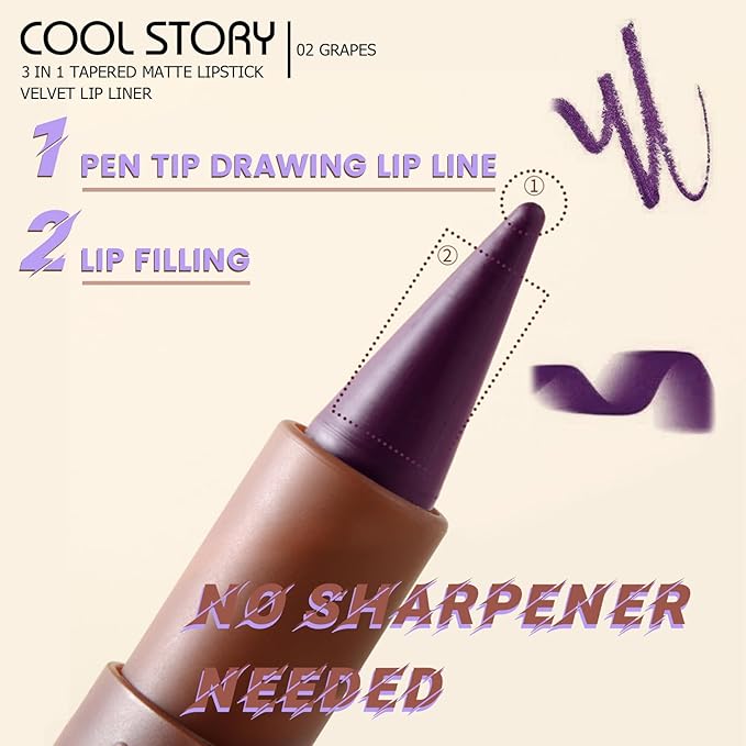 Matte Lip Liner and Lipstick Crayon Shape And Tapered Tip for Perfect Contour and Gradient Effect Waterproof Eyeliner Lip Pencil 3-in-1 Makeup Lip Combo, Purple 2#