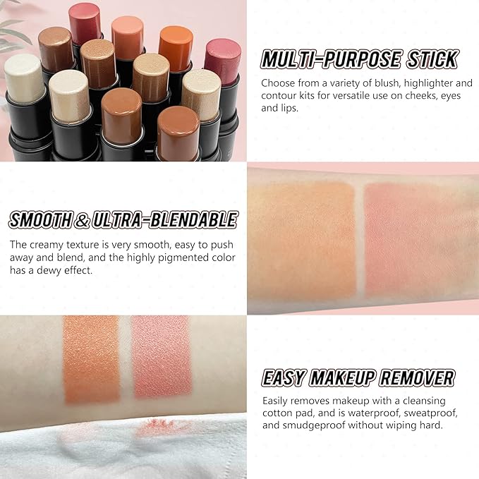 2 Pcs Cream Blush Stick Makeup Kit, Natural Shimmer & Matte Wand for Cheeks, Lightweight Blendable Silky Cream Makeup - #02 Soft Pink #03 Coral Orange
