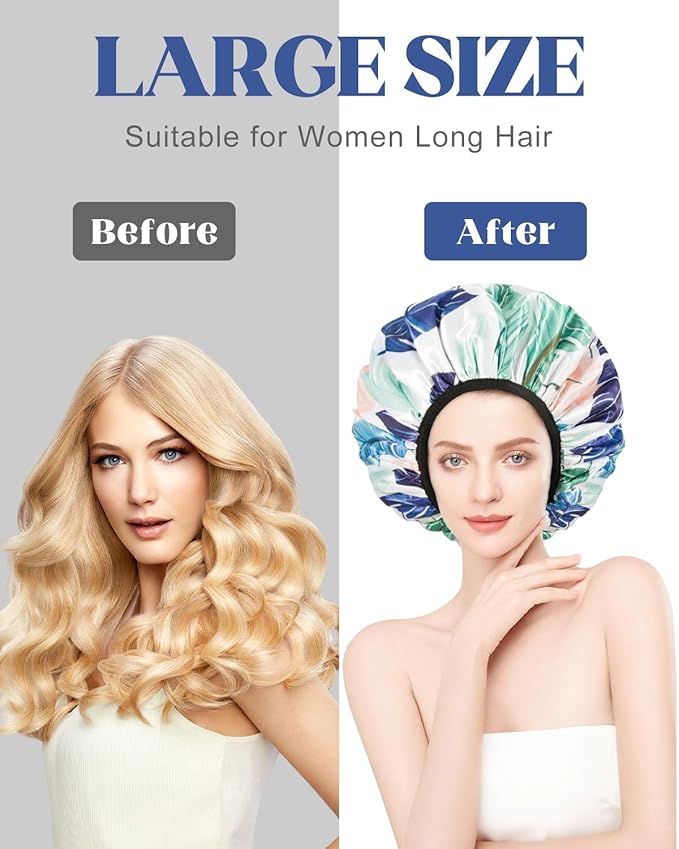 Auban Shower Cap, Terry Lined Shower Caps, 3 Layer Large Shower Cap, Terry Cloth Reusable Shower Caps for Long Thick Hair, Waterproof Hair Cap