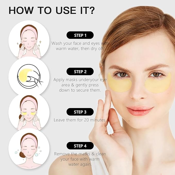 24K Gold Under Eye Patches - 60 Pcs Eye Masks for Dark Circles Puffiness - Skin Care with Collagen Hyaluronic Acid - Anti-Aging & Rejuvenating Hydrogel Eye Patch