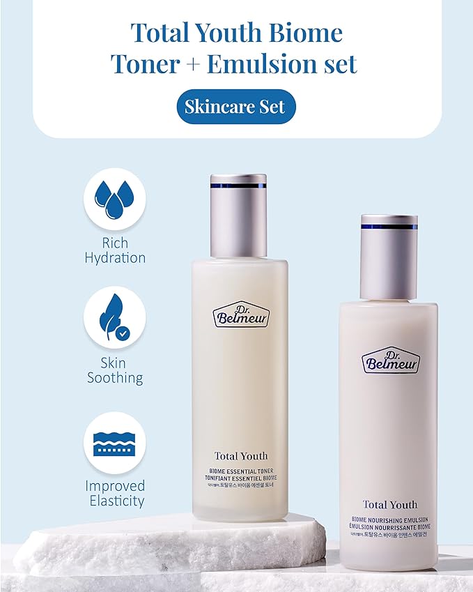 Dr. Belmeur Total Youth Biome (Skincare Set, 12.2fl oz) - Premium Total Age-Defying Toner + Emulsion Set for Wrinkles, Elasticity, Hydration & Skin Tone. Korean Skin Care by LG Beauty. Collagen,