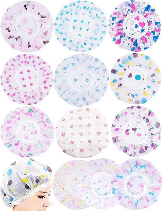 12 Pieces Reusable Waterproof Shower Caps,Durable Elastic Bathing Hair Cap,Beauty Salon Spa Shower Caps Lace Elastic Band Hair Bath Caps Shower Caps