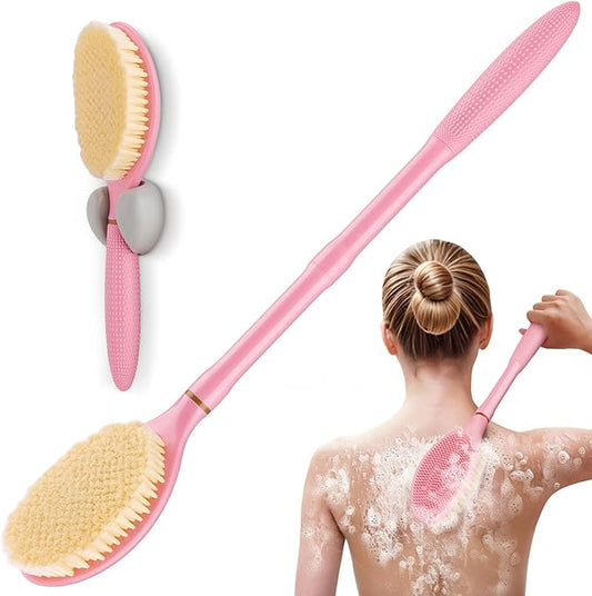 New Back Scrubber for Shower, 18.9‘’ Anti-Slip Corn-Handle Shower Back Scrubber with Large Brush Head & Soft Bristles, 3-in-1 Shower Brush Bath Brush for Lathering Cleansing(Pink-L)