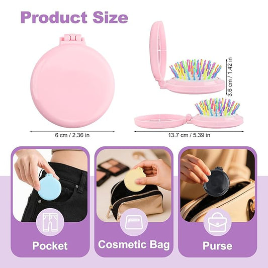 6 Colors Folding Mirror Hairbrush, 2 in 1 Compact Pocket Mirror Comb with DIY Stickers, Round Mini Pocket Makeup Mirror for Travel Women Girls (24 Pcs)