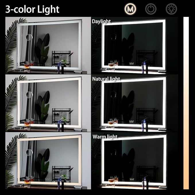 ANYHI Large Vanity Mirror with LED Light, 36.2" x 26.8"Hollywood Lighted Makeup Mirror, Tabletop/Wall Mirror for Bedroom & Makeup Room, Smart Touch Control, 3 Color Modes, Silver