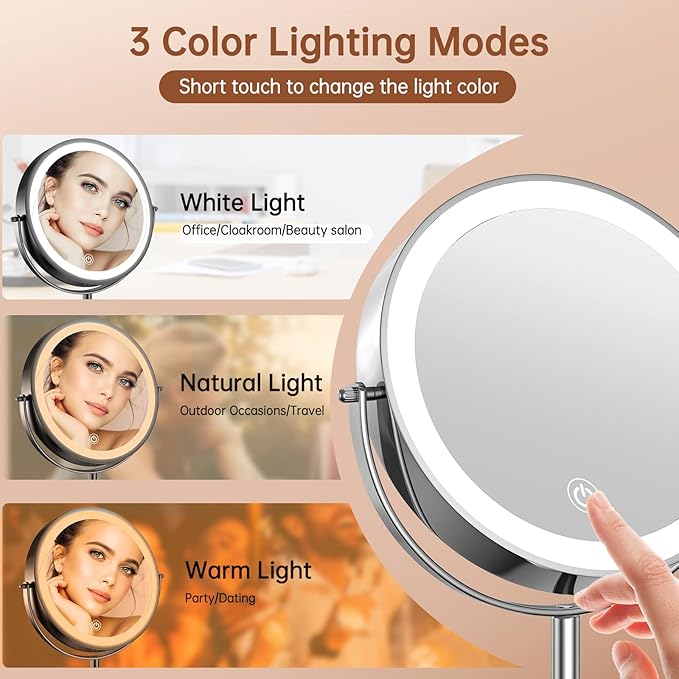 Benbilry 8 Inch Lighted Makeup Vanity Mirror with Lights and Magnification, 1X/10X Magnifying Rechargeable Double Sided Light Up Mirror with 3 Color Dimmable Lights, 360° Swivel Cordless, Silver