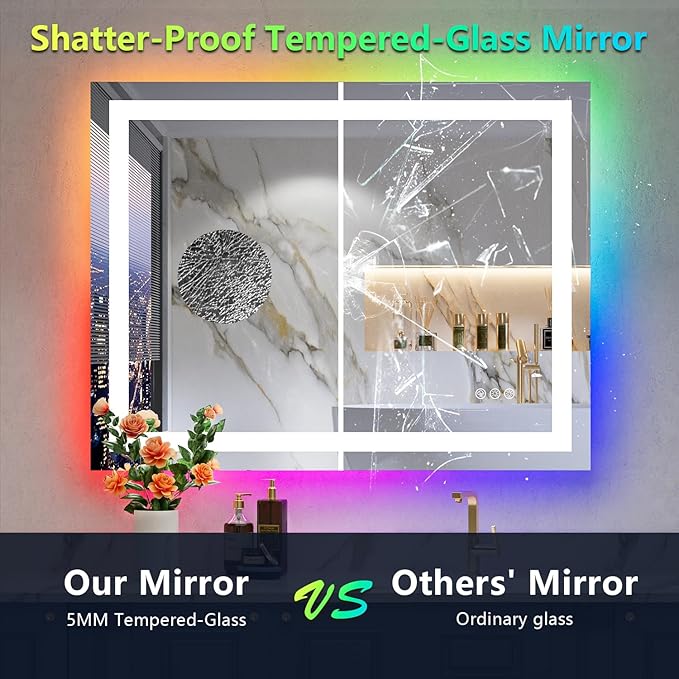 36x28 Inch RGB LED Bathroom Mirror Front Light and RGB Backlit Lighted Vanity Mirror for Bathroom Wall Mounted Dimmable Anti Fog Memory Shatter-Proof IP54 Waterproof Horizontal/Vertical