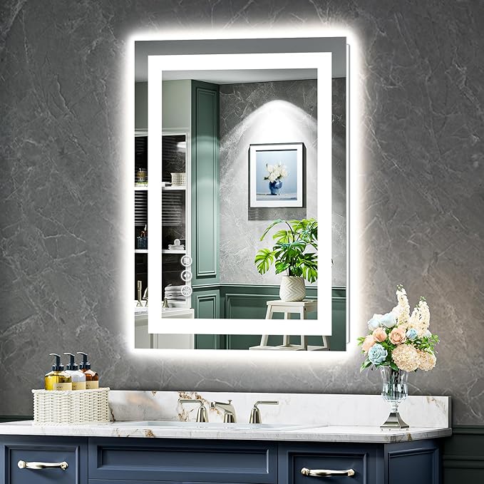 20x28 Inch LED Bathroom Mirror with Lights Front and Backlit Lighted Vanity Mirror for Bathroom Wall with 3 Colors Dimmable Anti-Fog Memory Shatter-Proof IP54 Waterproof Horizontal/Vertical