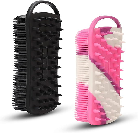 2 PC Silicone Exfoliating Body Scrubber, 2 in 1 Silicone Body Shampoo Brush, Soft Silicone Loofah for Sensitive Skin, Shower Silicone Hair Scalp Massager, Easy to Clean, Lather Well (Black&Purple)