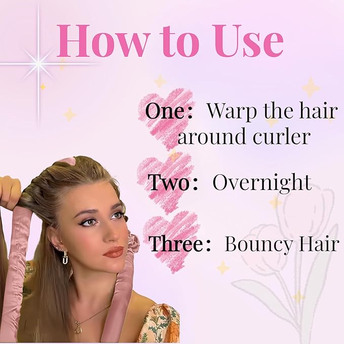 Serenade Textured Satin Heatless Curls Overnight, Heatless Hair Curler Curling Set for Women and Girls to Sleep in, with 2 Satin Scrunchies and 1 Clip for Overnight Curls, Pink