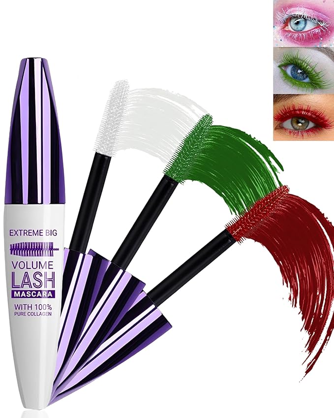 5D Colored Mascara for Eyelashes-3 Colors White Red Green Longlasting Waterproof Mascara Volume and Length,Curling Fiber rimel de pestañas, Women's Day Eye Makeup Gift Kit for Women Girl Cosplay Party