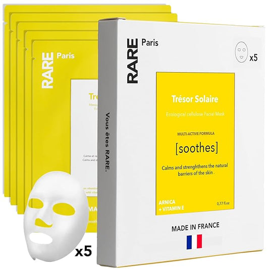 Trésor Solaire - Soothing Facial Sheet Mask - Soothing & Strengthening - With Vitamin E & Arnica - Brightening, Firming & Revitalizing - Multi-Active Serum Formula - 5 Pack