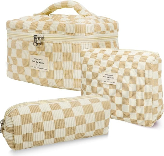 3Pcs Cotton Quilted Makeup Bag Set,Large Floral Cosmetic Bag，Aesthetic Toiletry Travel Makeup Bag Set and Cute Flower Bag for Women Girls (White Brown Plaid)