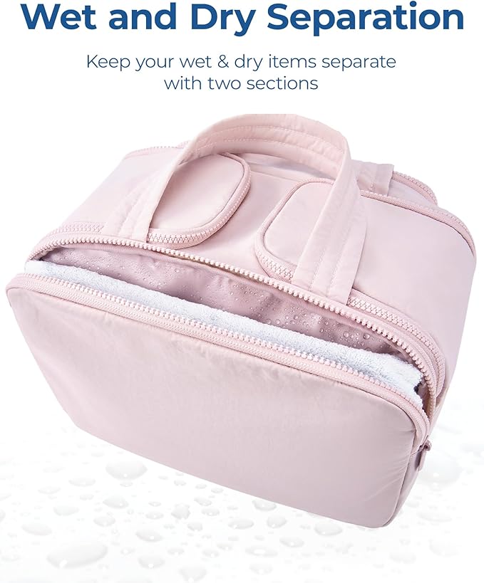 BAGSMART Travel Toiletry Bag, Lightweight Large Wide-open Travel Bag for Women, Puffy Cosmetic Makeup Bag Organizer with Handle for Accessories,Essentials, Toiletries, Pink