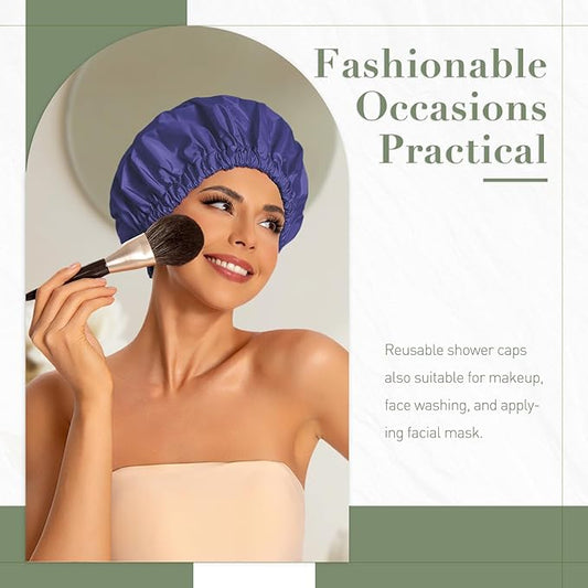 Reusable Shower Cap for Women, Large Waterproof Shower Essentials Bonnet Washable Elastic Band Bath Hair Wrap Hat for Long Hair, Braids(Dark Blue Purple)