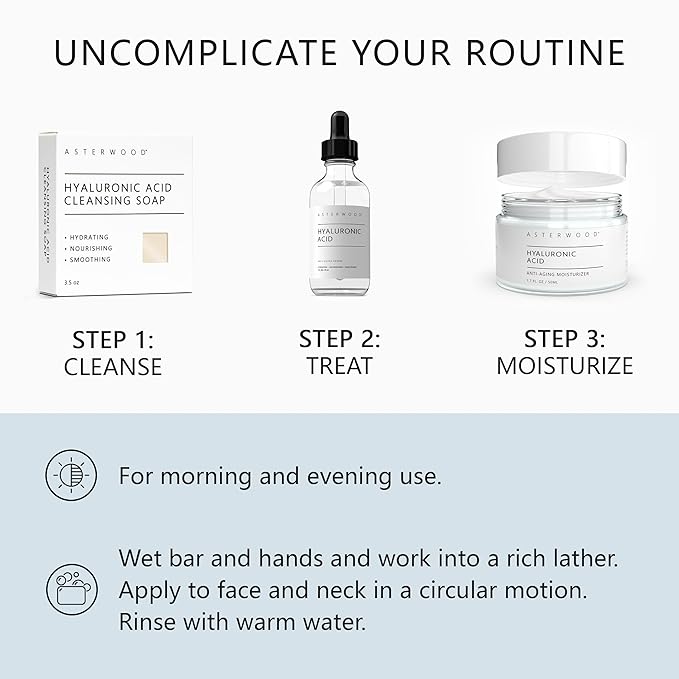 Asterwood Hyaluronic Acid Cleansing Face Soap - Collagen Boosting, Hydrating, Plumping, Soothing - Fragrance-Free - Suitable for Sensitive Skin - 3.5 Oz