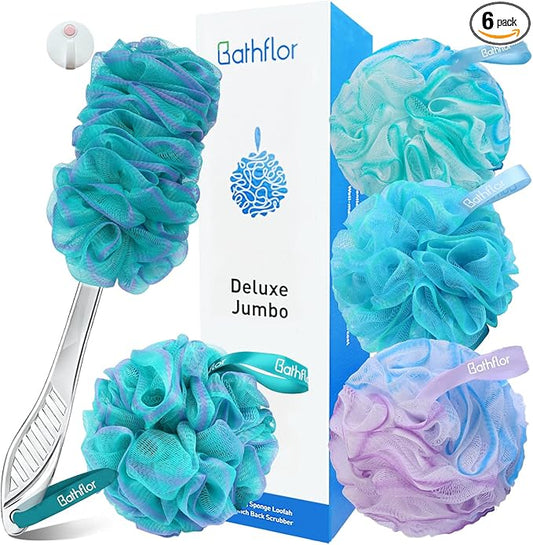Loofah Sponge, 6-in-1 Loofahs for Men Women, 80g Large Shower Exfoliating Body Scrubber, 4 Bath Sponge Loofa Packs, 1 Loofah with Handle Body Wash Back Scrubber, 1 Luffa Hook, Colors