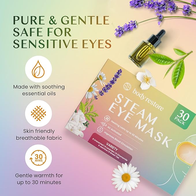 Body Restore Self Heated Steam Eye Mask 30 Pack - Fathers Day Unique Gifts for Dad, Relaxation Gifts for Her and Him, Best Friend, Stye Eye Treatment, Travel Essentials - Variety