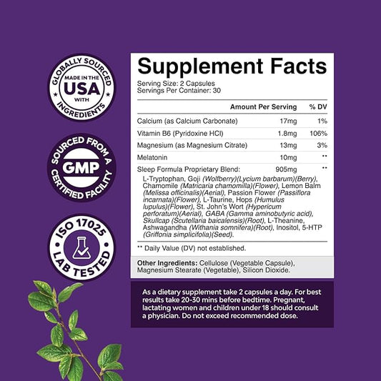 Natural Refreshing Sleep Formula - Supports Healthy Rest - Non Addictive Supplement - Magnesium L-Theanine GABA - Purest Herbal Ingredients