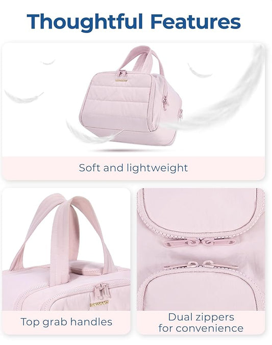 BAGSMART Travel Toiletry Bag, Lightweight Large Wide-open Travel Bag for Women, Puffy Cosmetic Makeup Bag Organizer with Handle for Accessories,Essentials, Toiletries, Pink