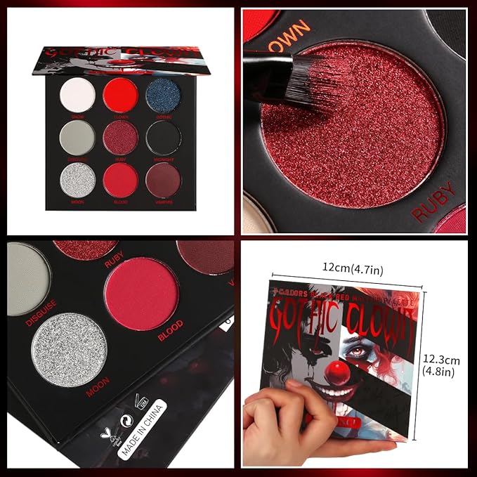 Afflano Black Eyeshadow Palette - Goth Clown Halloween Makeup, White Silver Glitter Metallic Eyeshadow Palette Highly Pigmented, Joker Vampire Christmas True Red Smoky Eye Makeup