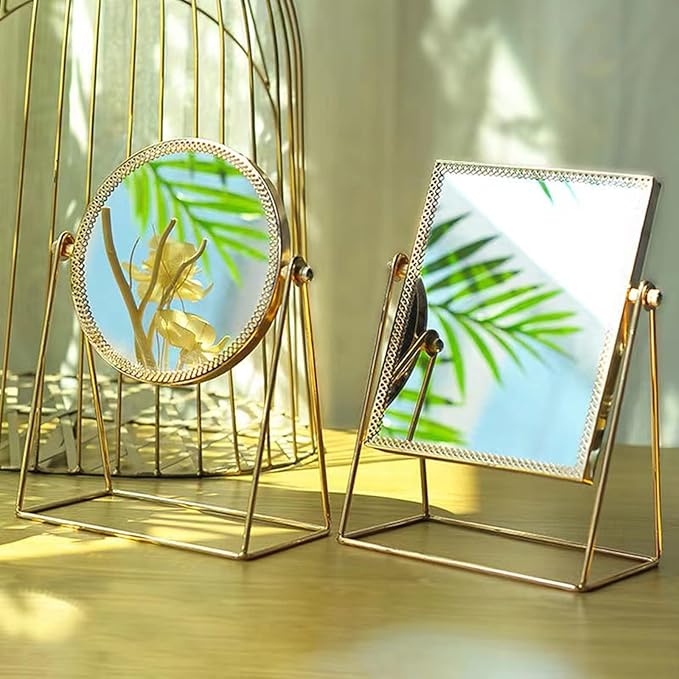 LONGSHENG - SINCE 2001 - Makeup Mirror Single Sided Vanity Mirror Vintage 360° Rotation Metal Cosmetic Mirror Round Beauty Mirror Handmade Make Up Mirror for Dresser Vanity Table Desk - Gold