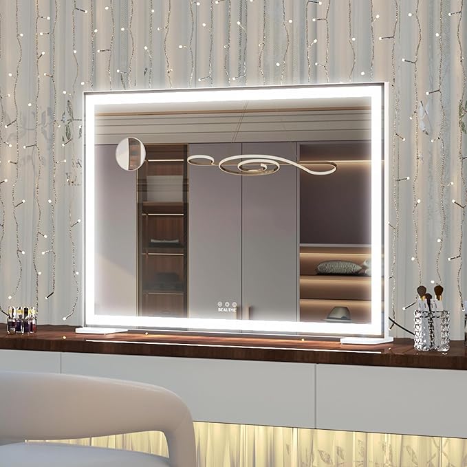 ANYHI Large Vanity Mirror with Lights, 36.2" x 26.8" Makeup Mirror with LED Lights, Tabletop or Wall Mount, 3 Color Modes, Dimmable, Touch Control, White