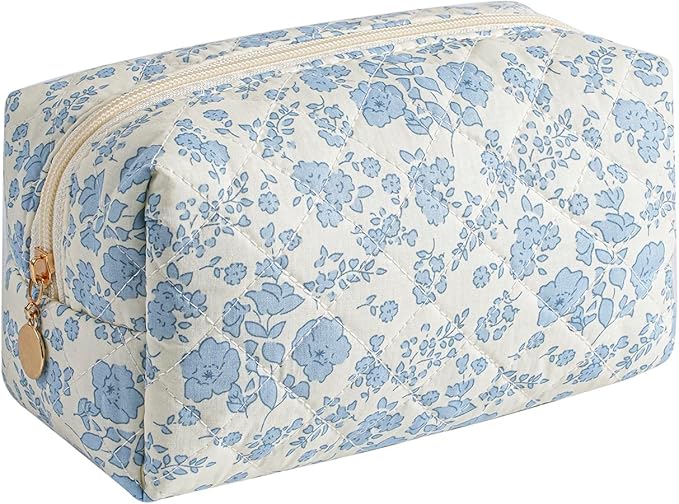Gleyemor Small Quilted Makeup Bag for Women, Cute Floral Bow Cosmetic Bag, Emergency Bag Travel Toiletry Cotton Pouch Gifts for Girls Her Mom Friend Sister Bridesmaid (Blue Floral)