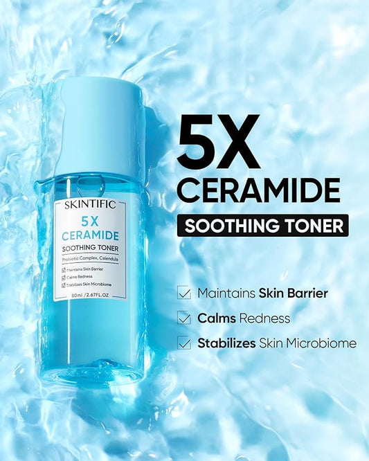5X Ceramide Soothing Toner, Hydrating Skin Barrier Repair Calms Redness Facial Toner with Probiotics & Calendula for Sensitive & Dry Skin, Non-Alcohol, Cruelty-Free, Vegan Skincare