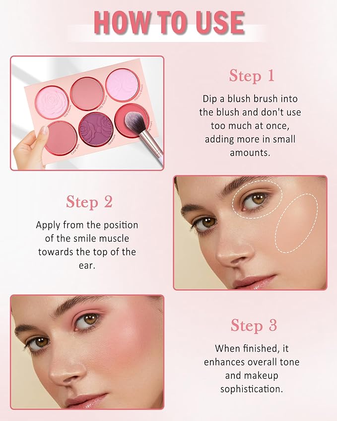 Matte Face Blush Palette with Brush-6 Colors Pink Purple Silky Mineral Blendable Blusher Contour Powder for Cheeks,Longlasting Facial Beauty Cosmetic,Mother's Day Makeup Gift for Women Girl-Set 01
