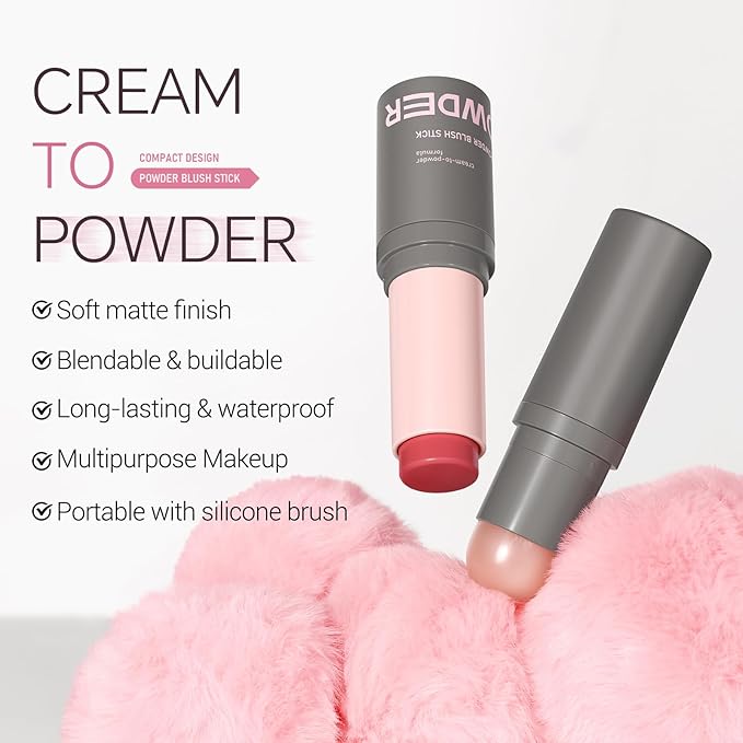 Erinde Blush Stick for Cheeks, Cream to Powder Blush Stick, Matte Blendable Buildable Color, Built-In Silicone Blush Brush, Cream Blush Stick for Cheek, Eyes & Lips, Vegan & Cruelty Free, 05