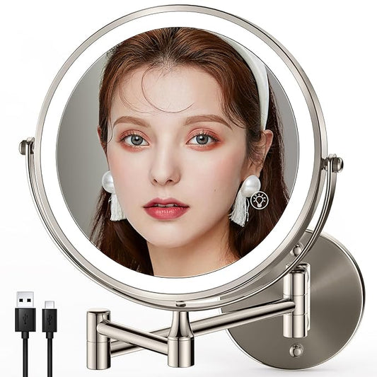 8.5 Inch Rechargeable Wall Mounted Makeup Mirror Brushed Nickel, Double Side Dual-Touch 1X/10X Magnifying Mirror with Light, 3 Color Lights 360°Swivel Extendable Bathroom Mirror
