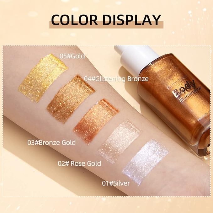 MAEPEOR Body Luminizer 5 Colors Smooth Subtle Shimmer Illuminator Moisturizing Long Lasting Summer Glow for Face and Body (40ML, 01 Silver)