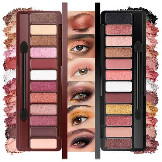 2-Pack 12-Color Nude Eyeshadow Palette with Mirror– Matte, Shimmer & Glitter Pigments Eye Makeup for Artists, Waterproof, Cruelty Free, Nude Pink Purple Brown Red Powder