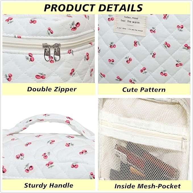 3 Pack Makeup Bag Set, Quilted Cosmetic Bag, Large Floral Makeup Bags, Cotton Makeup Bags, Coquette Makeup Pouch, Make Up Organizer Bag, Flower Travel Toiletry Bag (Cute Cherry)