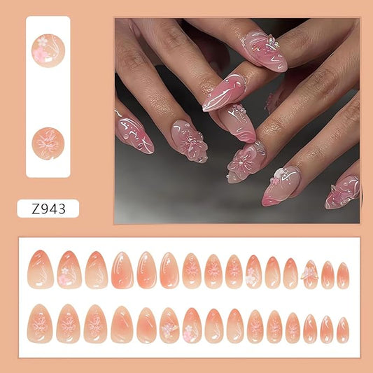 Almond 3D Press on Nails Short Cute Fake Nails with Butterfly Design Spring Flower False Nails Light Pink Floral Gel Acrylic Nails Almond Glue on Nails Romantic Stick on Nails for Women Girls 24Pcs