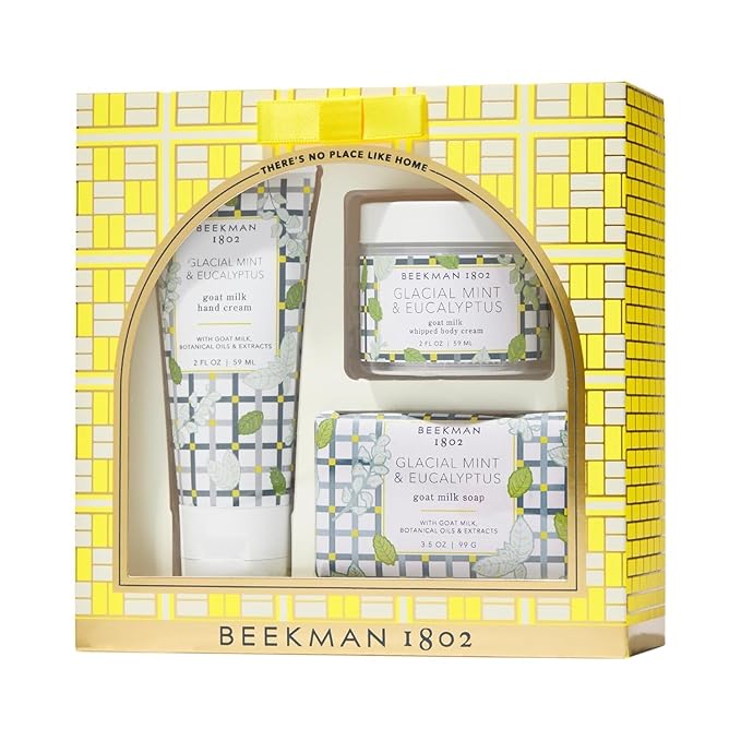 Beekman 1802 At Home Spa Day Glacial Mint & Eucalyptus Gift Set - Set of 3 - Cleanses, Moisturizes & Hydrates - With Lactic Acid & Shea Butter - Good for Sensitive Skin - Cruelty Free