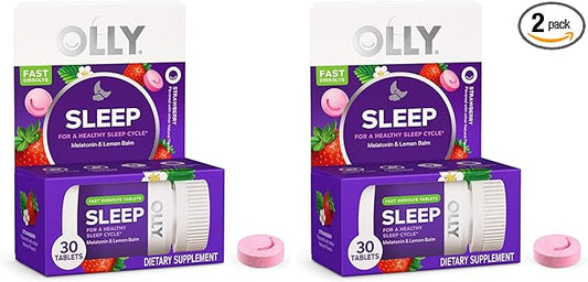 OLLY Sleep Fast Dissolves, 3mg Melatonin, Lemon Balm, Strawberry Flavor, 30 Day Supply - 30 Count (Pack of 2)