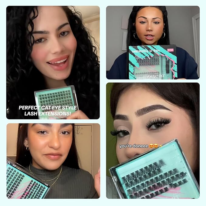 AMZGIRL LASH Midnight DIY Lash Extension Kit, 144 pcs Eyelash Clusters Kit Lash Bond and Seal, Lash Glue Remover and Applicator for Individual False Eyelashes Kit Lash Extensions(D-10mm Kit)