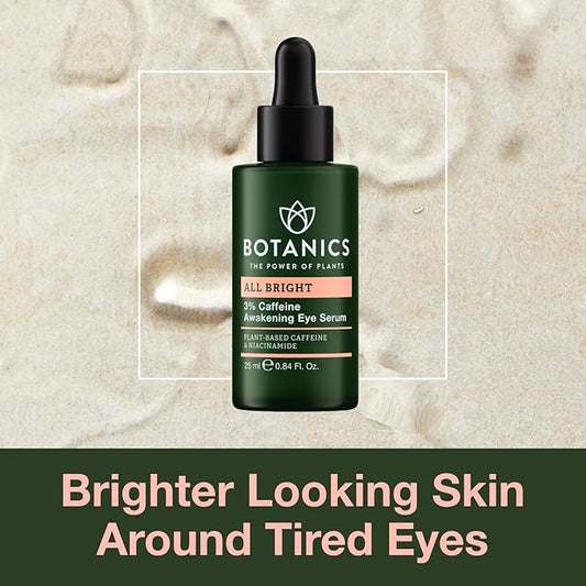 Botanics All Bright Caffeine Eye Serum - 3% Caffeine Awakening Under Eye Serum for Dark Circles and Puffiness - Refresh & Brighten Tired Eyes - Vegan & Cruelty Free (0.84 Fl Oz)