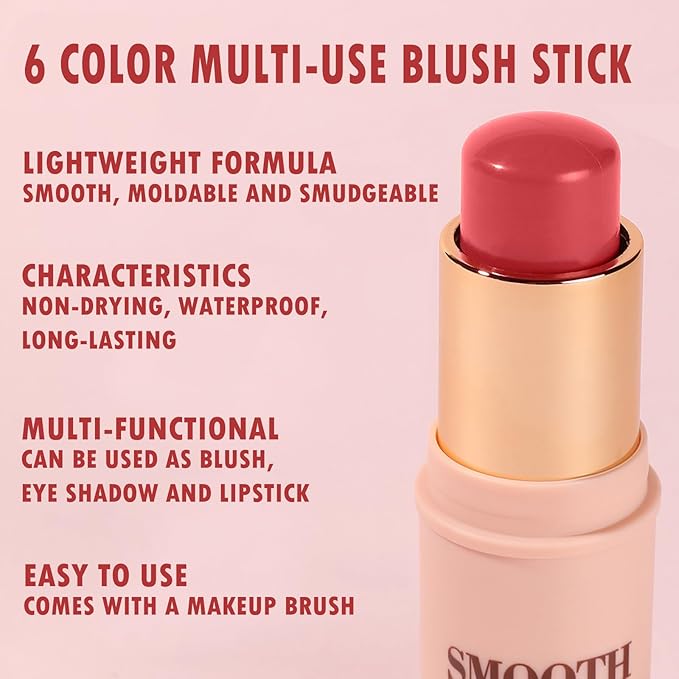 Multi-use Blush Stick, Monochromatic Face Beauty Wand for Cheek, Eyeshadow and Lip, Longwear Waterproof Matte Finish Cream Blush Makeup Stick with Brush for Women, 0.28oz (Peach Pink #02)