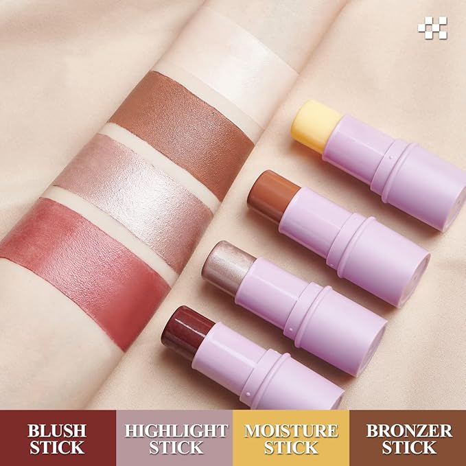 4Pcs Cream Blush Contour Highlighter Bronzer Moisturizer Stick Makeup Set #T Blush Glow5