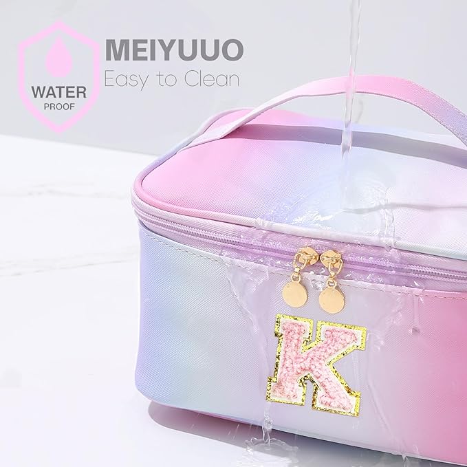 Meiyuuo Large Makeup Bag Travel Pro Cosmetic Bags Cute Chenille Letter Pouch Rainbow Pink Personalized Toiletry Organizer for Women Teen Girls Birthday Gifts for Her Preppy Rainbow Pink K