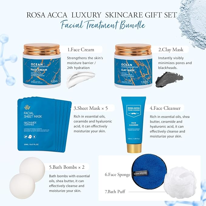 Christmas Gifts for Men, 30 Pcs Men Facial Skin Care Set, Luxury Bath & Beard Gift Set, Spa & Self-Care Gift, Clay Mask, Cleanser, Beard Oil, Cologne, Birthday, Valentines, Father Day, Boyfriend