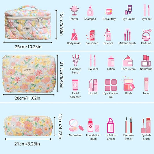 3 Piece Floral Oil Painting Print Cotton Quilted Makeup Bag Set, Large Capacity Travel Makeup Bags for Women and Girls, Includes Small, Medium, and Extra Large aesthetic makeup&Cosmetic Bags