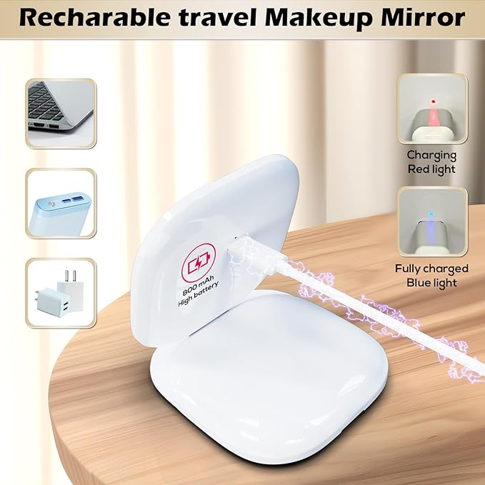 Adjustable Brightness Compact Mirror, Lighted Travel Mirror with 1X/10X Magnifying,Double Sided,Mini Dimmable Portable for Handbag and Pocket, USB C Charging,for Girls Women(with USB Cable)