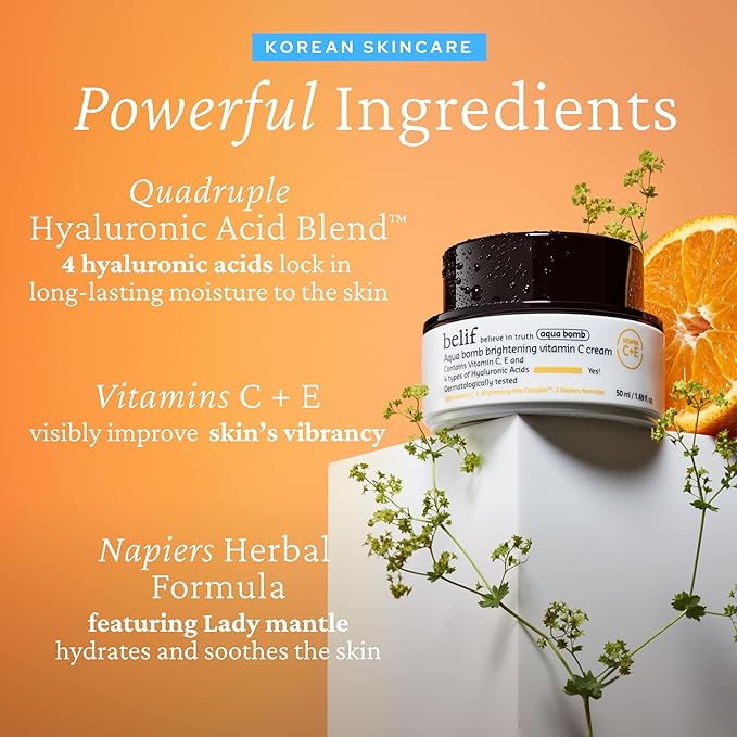 belif Aqua Bomb Vitamin C Face Cream Moisturizer, Infused with Hyaluronic Acid, Vitamin C & Vitamin E, Intense Hydration, For All Skin Types, Korean Skin Care