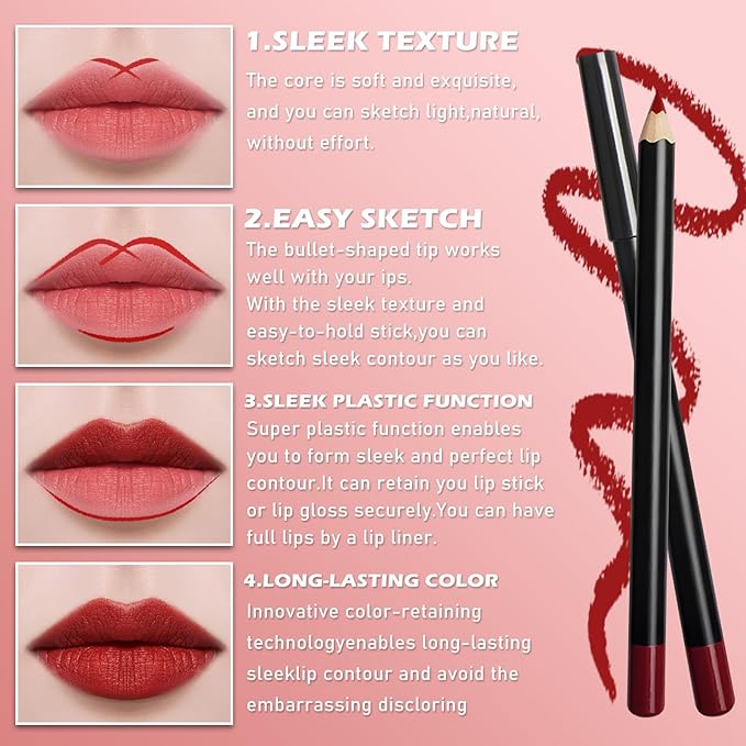 Berry Red Lip Liner, Long Lasting Lip Liner Pencil, Rich Lip Makeup Colors Highly Pigmented Lip Liners, Smooth Application Lipliner Lip Pencil